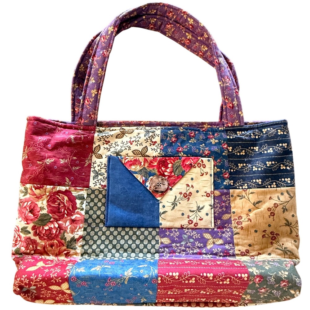 Handmade Quilted Patchwork Tote Bag Floral Button Pocket Multi Color Medium Bag